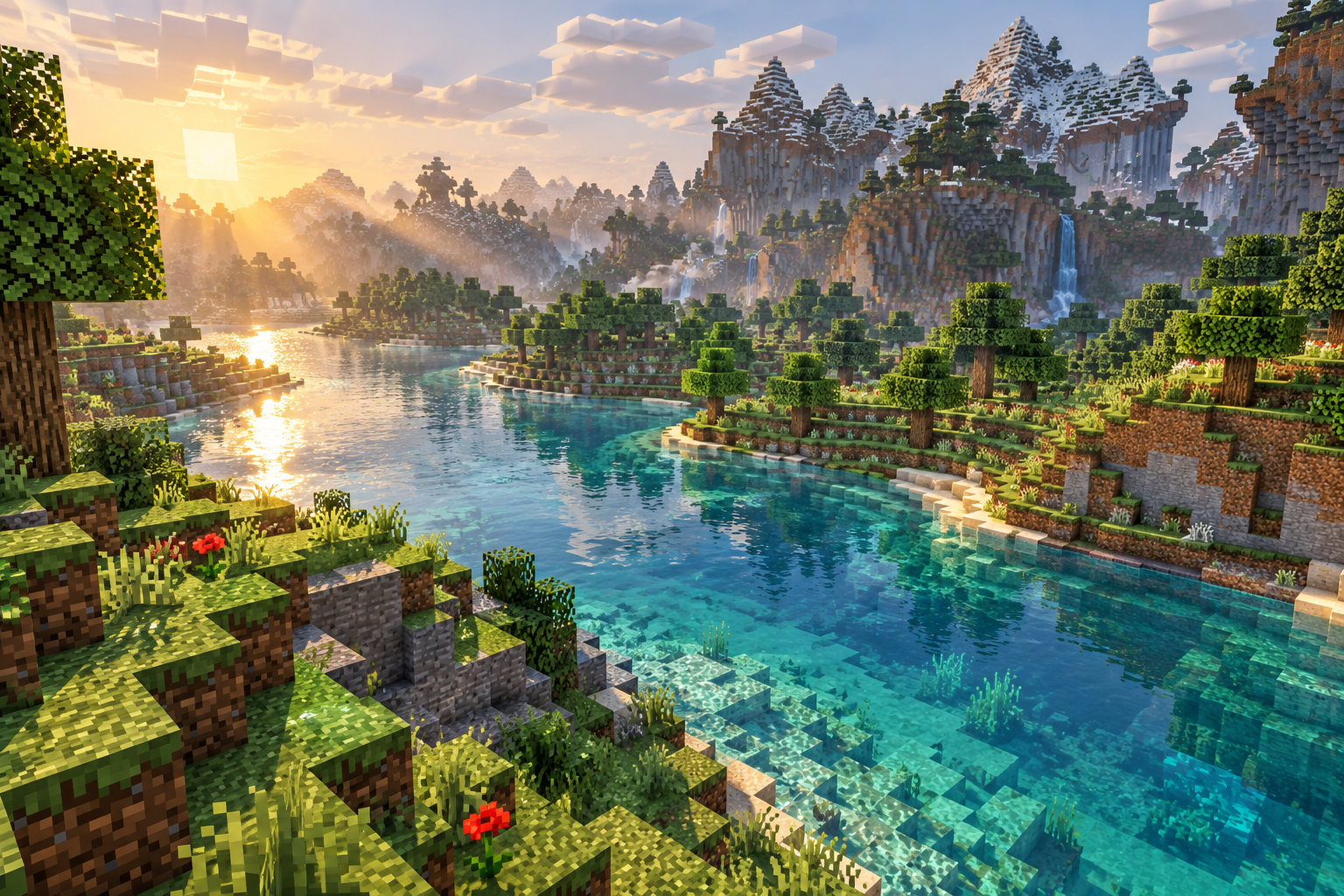 A sunlit world of grass blocks, snowy mountains, and a reflective turquoise river